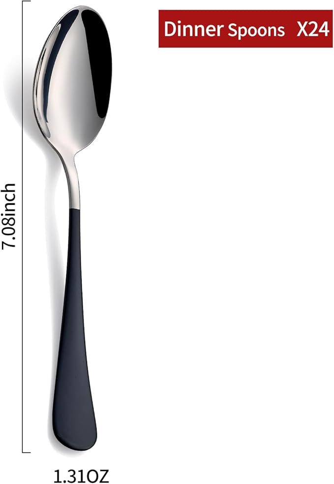Dinne spoons Set 24 Piece,Black Handle Silverware 18/0 Stainless Steel Flatware Bulk 7.3-inch Dessert Spoons Sets Table of 24,Mirror Finished Dishwasher Safe