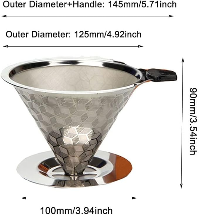 Pour Over Coffee Dripper Stainless Steel Coffee Filter Cone Paperless Reusable Single Cup Coffee Maker 1-2 Cup with Non-Slip Cup Stand and Cleaning Brush
