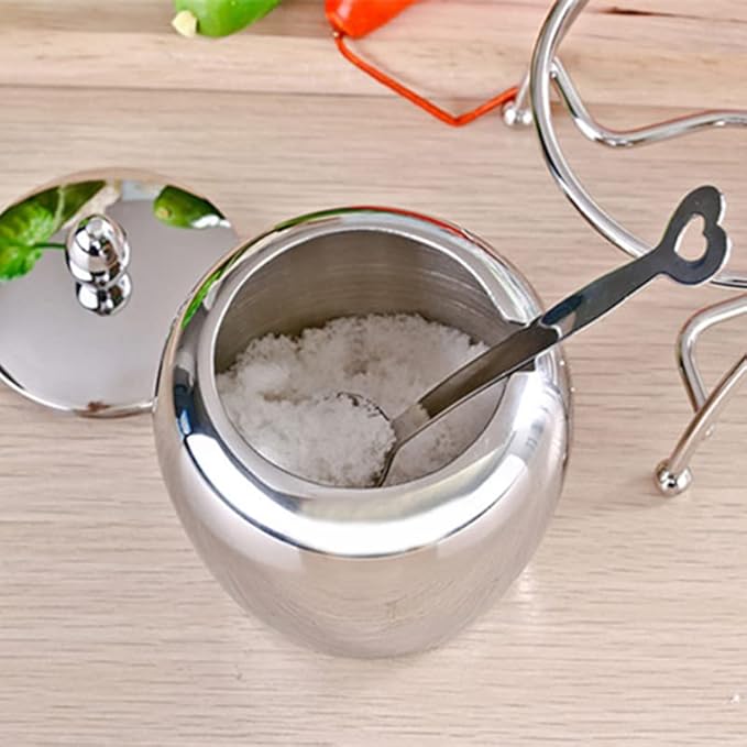 LIZEALUCKY Kitchen Sugar Bowl, 304 Stainless Steel Sugar Bowl with Spoon Home Kitchen Salt Pepper Spice Bowl Spice Drum Small Condiment Container