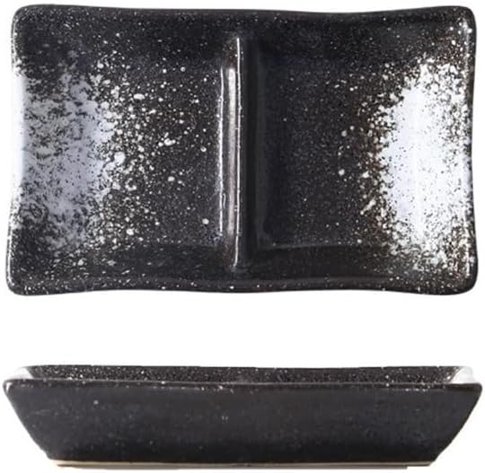 Appetizer Plates Double-grid Ceramic Soy Sauce Plate Barbecue Seasoning Dipping Dish Divide Sushi Meals Dishes for Condiment(Black and white)