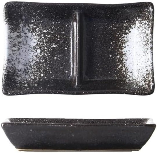 Appetizer Plates Double-grid Ceramic Soy Sauce Plate Barbecue Seasoning Dipping Dish Divide Sushi Meals Dishes for Condiment(Black and white)