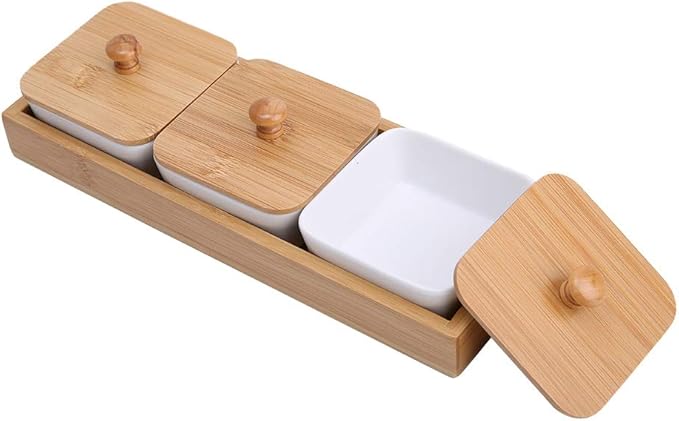 GLOGLOW Plate Dishware Ceramic Appetizer Serving Plate with Tray Cover, 3-Compartment Design, White, 11.02x4.02x1.61 Inches, for Snacks and Desserts Storage Supplies (Three compartments with lid)