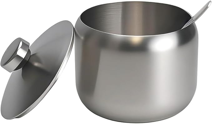 15oz Sugar Bowl with Lid And Spoon, Stainless Steel Sugar Creamer Container, Round Sugar Jar, Durable Sugar Pot for Coffee Bar Accessories, Coffee Bar Decor, Home and Kitchen Storage, Silver