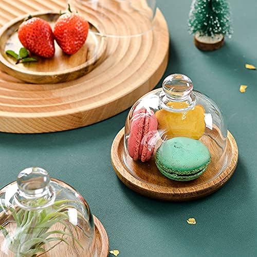 2 Pack Ultra Mini Wooden Base Cake Display Stand with Glass Dome,Cloche Clear Glass Bell Jar Cover for Dessert Cheese Candy Plants Succulents (4.1 x 3.7 inch)