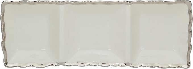 Regency Silver 3-Section Porcelain Tray with Scalloped Edges & Metallic Silver Rim, 15" Elegant Serving Tray for Appetizers, Dips & Relishes, Perfect for Entertaining & Everyday