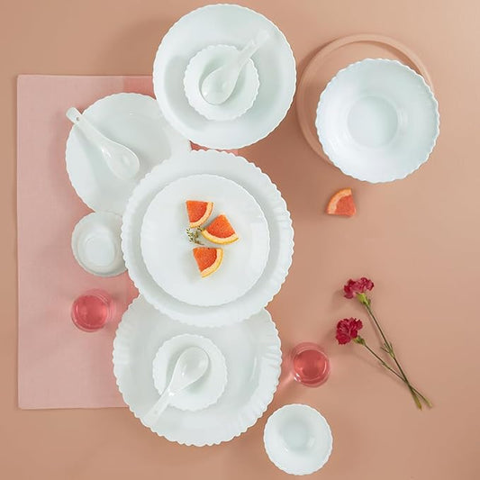 Borosil Gourmet Dinnerware Set For 6, 35 Pieces, White Dinner Plates and Bowls Sets, Chip Resistant Tempered Opal Glass, Stain Resistant, Dishwasher & Microwave Safe Dinner Set For Gifting, Serves 6