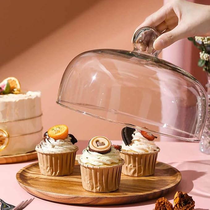 10 Inch Wooden Base Cake Display Stand with Glass Dome,Cloche Clear Glass Bell Jar Cover for Dessert Cheese Candy Plants Succulents