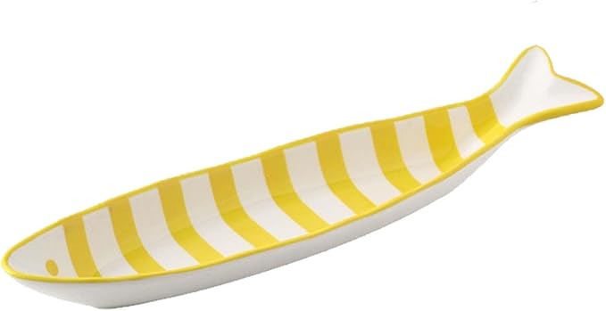 Ceramic Fish Shaped Serving Dish, Red and White Striped Pattern, Appetizer Snack Plate, Microwave Dishwasher Safe, 12x7 Inch (Yellow Stripes)