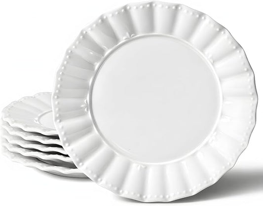 HOMBENE Dessert Plates 8 Inches Set for 6 Ceramic Serving Plates,plates for Cake Waffles,Wavy Style, Snacks, Pasta, Noodle, Dinner, Microwave & Dishwasher Safe (White)