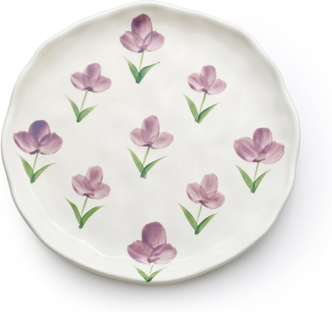 Koythin Floral Ceramic Dinner Plates, 8" Microwave Safe Dishes for Pasta, Modern Rustic Appetizer Plate for Salad Fruits Dessert Cake (Purple Tulip)