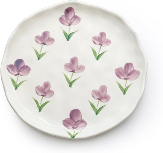 Koythin Floral Ceramic Dinner Plates, 8" Microwave Safe Dishes for Pasta, Modern Rustic Appetizer Plate for Salad Fruits Dessert Cake (Purple Tulip)