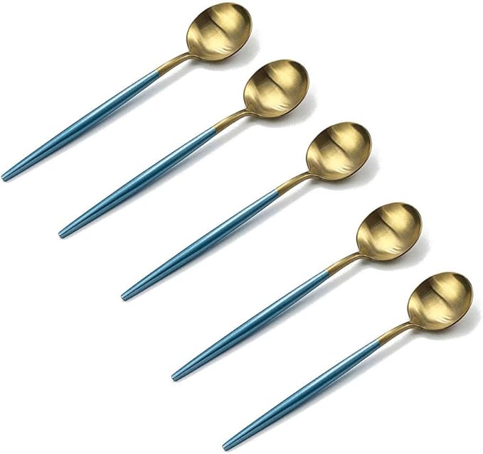 Gugrida Blue Gold Flatware Set, Royal 5 Pieces Matte Blue Handle 18/10 Stainless Steel Teaspoon Coffee Spoon 4.94", Camping Cutlery Silverware Travel Utensils Set Tableware