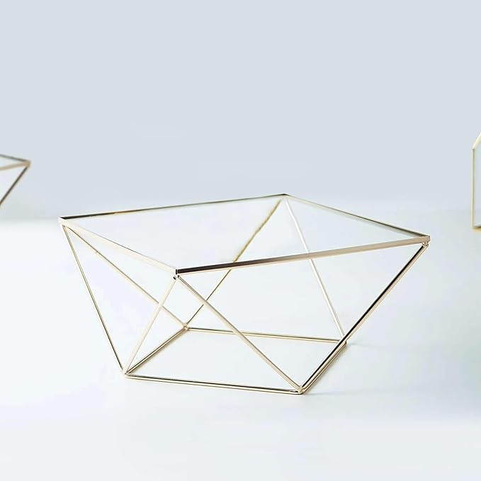 Efavormart Gold Metal Geometric Cake Stand Display Centerpiece Pedestal Riser with Square Glass Top - 14"