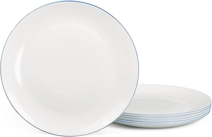 8.5 inch Salad Plate Set of 6, Lightweight Opal Glass Round White Plates for Appetizer Dessert Kitchen, Dishwasher and Microwave Safe, Hand Painted Navy Blue Rim