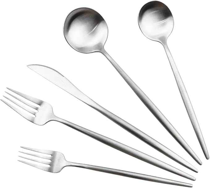 Gugrida Luxury Flatware, Royal 20 Piece Matte White Handle 18/10 Stainless Steel Tableware Sets for 4 Including Forks Spoons Knives, Camping Silverware Travel Utensils Set Cutlery (Full Silver)