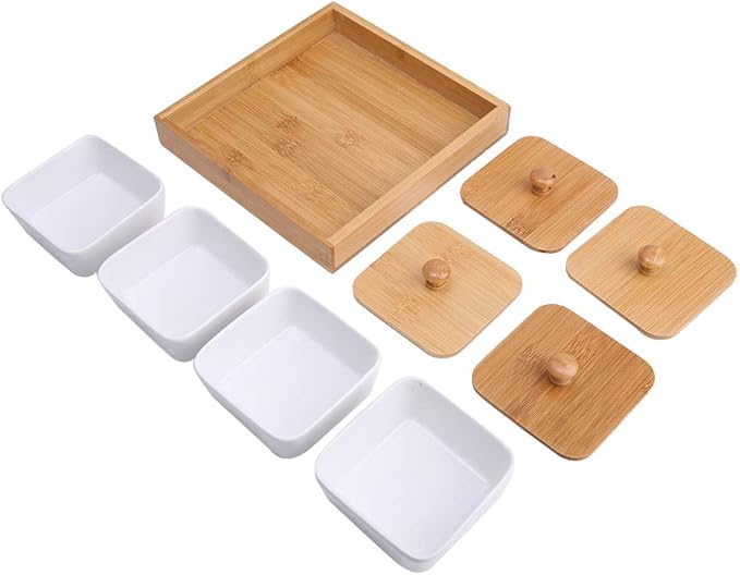Ceramic Appetizer Serving Plate with Bamboo Tray, Ideal for Fruits, Nuts, Desserts, Modern Design(4 Compartment-9cm)