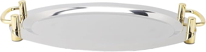 Silver Tray with Stainless Steel Platter with Handle – Multifunction Portable Serving Tray for Restaurant & Hotel Buffet, Rectangle Shape, 47.5cm (Round Shape with Gold Handle, 46cm)