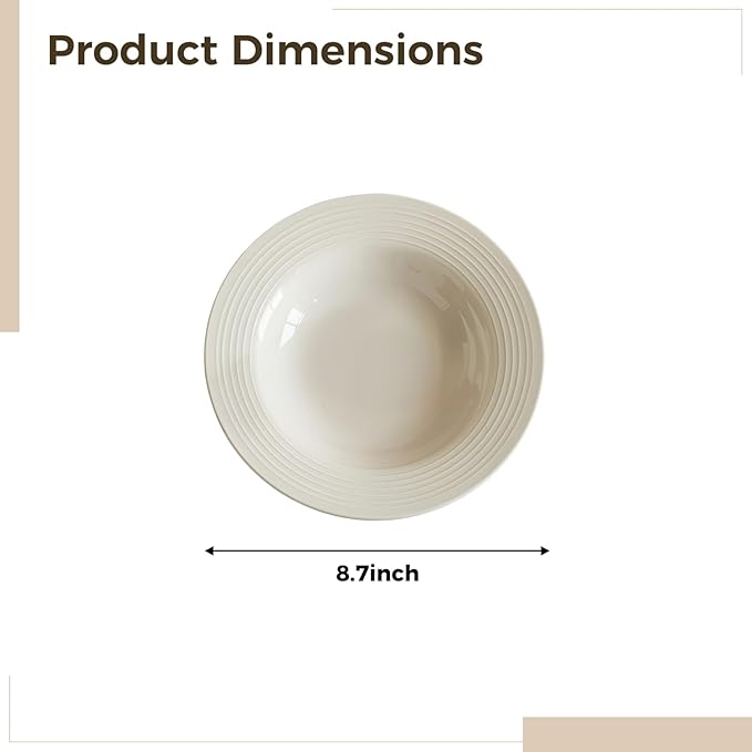 2 Pcs 8.7 in White Ceramic Plates for Meals, Concentric Ribbed Design, Ideal for Home, Restaurant Use