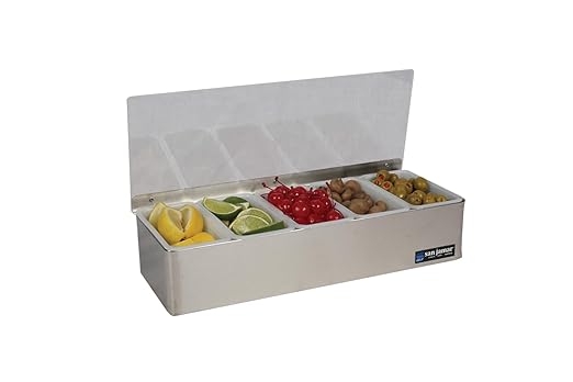 San Jamar Garnish Trays with Hinged Lid for Kitchen, Bar, And Restaurants, Stainless Steel, 18.5 X 6.5 X 4 Inches, Silver