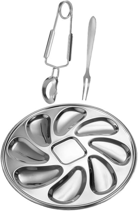 UPKOCH 1 Set of Stainless Steel Oyster Serving Tray, Shell Plate with Fork and Opener Tool, Silver, 9 Inch Diameter, for Home and Restaurant Use
