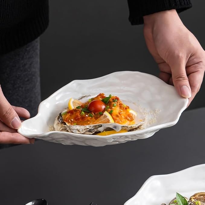 Kitchen Plates 7.5-inch Creative White Oyster Shell Ceramic Plate Household Appetizer Tableware Simple Western Restaurant Dish Commercial Restaurant Plates(9.5 in)