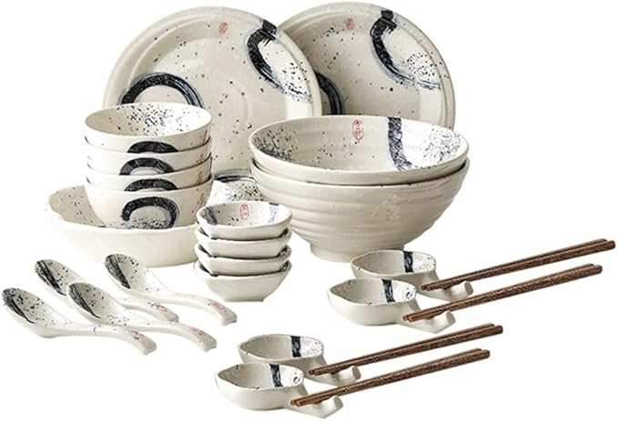 Japanese White Tableware Plates and Bowls Set of 14/25 * 38 Piece Ceramic Plate for Salads Soup Steaks Dishwasher Safe