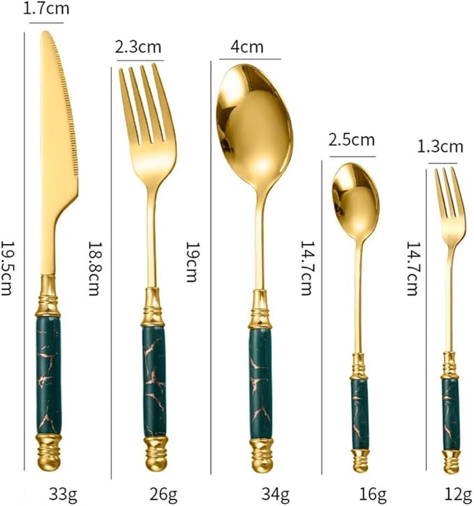 Premium Stainless Steel Silverware Set with Ceramic Handles, 5 Piece Knife, Fork, and Spoon Set with Marble Accents, Elegant Kitchen Utensils Set (Green (set of 5))