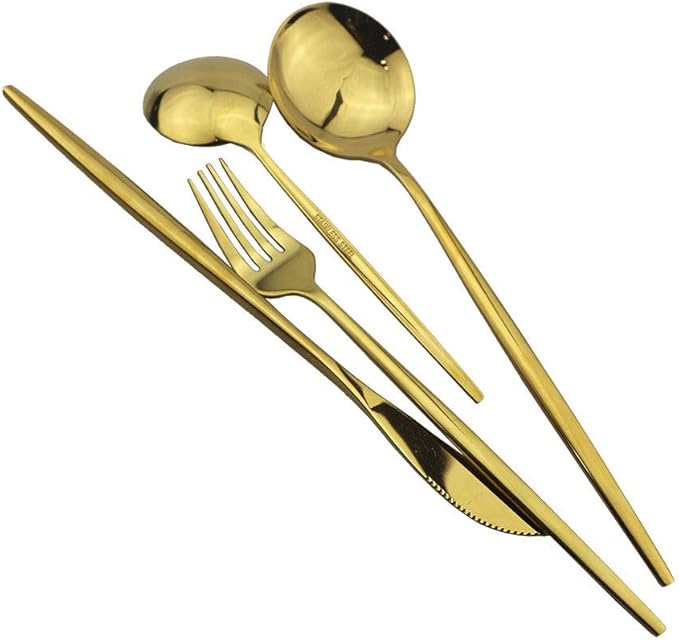 JASHII 32 Pieces Stainless Steel Home Kitchen Cutlery Set Gold Flatware Set Mirror Polished Knife Fork Set Spoon Modern Tableware Set (Gold Full)