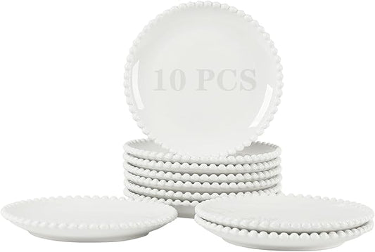 OMAYKEY 7.5 Inch Ceramic Dessert Plates Set of 10, White Appetizer Plates, Porcelain Round Shaped Salad Plate, for Cake Waffles Snacks Side Dish, Small Dinner Plates, Oven Microwave Dishwasher Safe