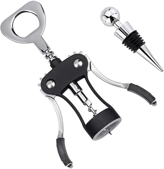Foho Wine Opener, Multifunctional Wing Corkscrew Wine Bottle Opener for all Cork Stoppered and Beer Cap Bottles, Luxury Waiter Corkscrew with Stopper Set for Wine Enthusiast, Waiters - Black