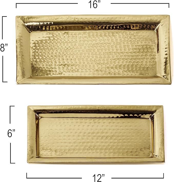 Gold Hammered Trays - 2 Pack Rectangle Platters - Large & Medium Serving Tray - Stainless Steel, Gold, Rectangular, Stackable