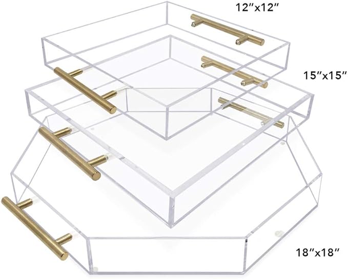 Isaac Jacobs Clear Octagon Acrylic Serving Tray (18x18) with Gold Metal Handles, Spill-Proof, Stackable Organizer, Food & Drinks Server, Lucite Storage (18x18 Octagon, Clear with Gold Handle)