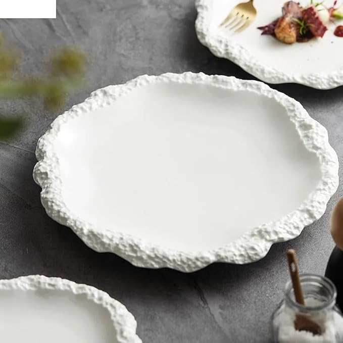 Reusable Plates Simple Solid Color Tableware Ceramic Pasta Steak Plate Dinner Creative Kitchen Irregular Shape Serving Tray Cooking Dishes(9.8 inch)
