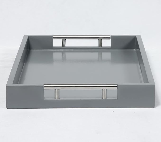 Serving Tray with Polished Metal Handles, 16.5''x12'' Rectangle Coffee Table Tray, Modern Decorative Tray, Large Ottoman Tray, Perfect for Storage and Display (Grey)