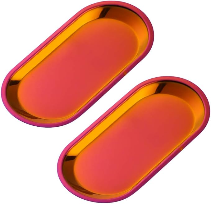 Buyer star Orange Red 2PCS 7.3inch Stainless Steel Oval Tray Fruit Trays Storage Tray Dish Plate Cosmetics Jewelry Decorative Organizer