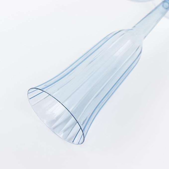 TCF Linen 12 Pack Transparent Dusty Blue Plastic Champagne Flutes, 6oz Flared Disposable Glasses Elegant Reusable Look Shatterproof Stemware for Weddings Parties Catering Toasts