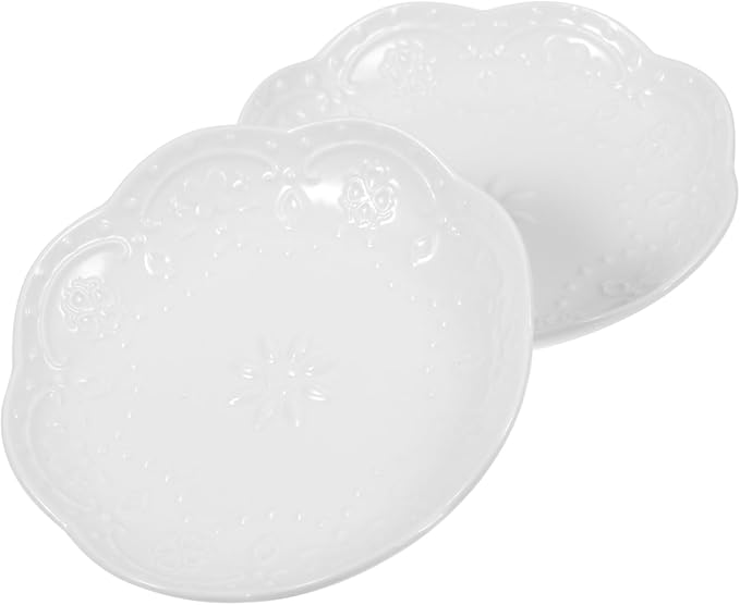 Ceramic Appetizer Plates Set of 2 White Flower Embossed Dipping Sauce Dishes for Snacks and Souffle Small Porcelain Serving Plates