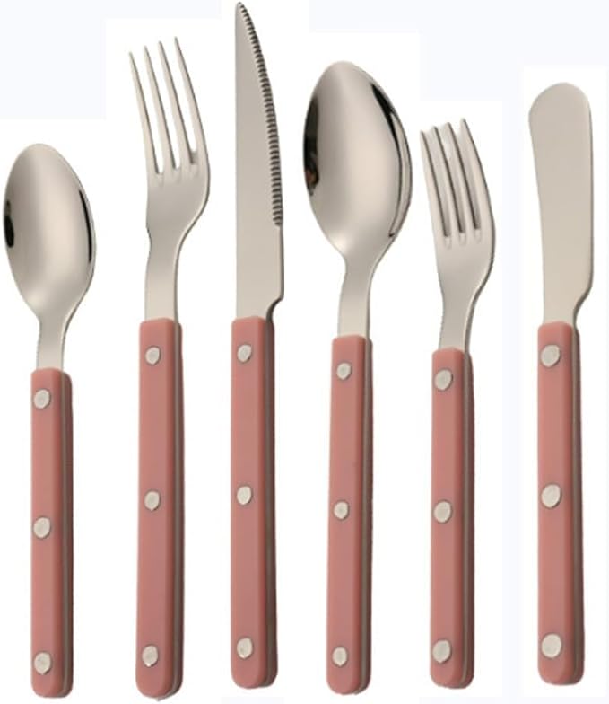 ABS Rivet Handle Marble Pattern Handle Kitchen Stainless Steel Silverware Tableware Flatware Cutlery Knives Forks Spoons Set,Butter Knife Dessert Spoon Fork (Pink,6 pieces)