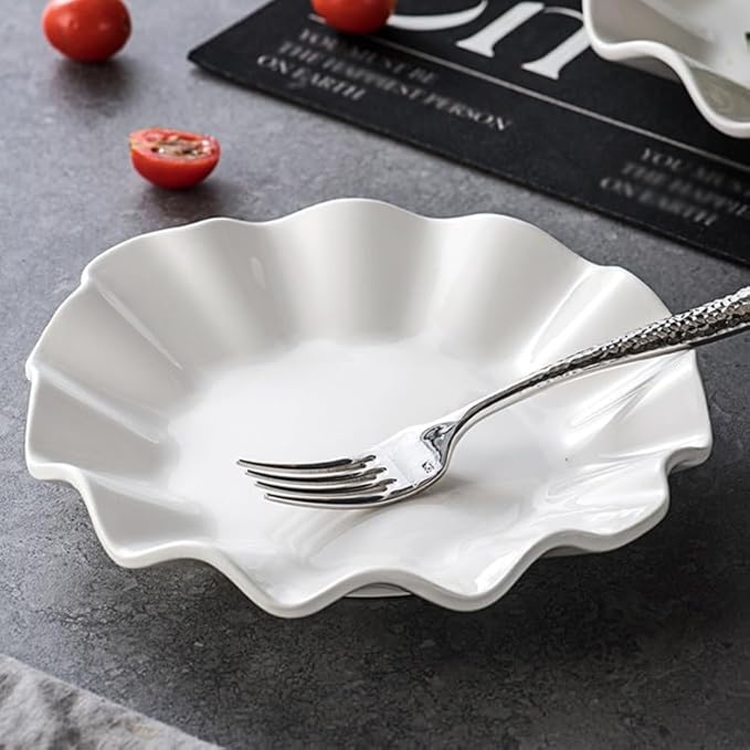 Modern Large Dinner Plates Ceramic Lotus Leaf Soup Plate Special-shaped Western-style Appetizer Creative Household Fruit Kitchen Irregular Pure White Dessert Tableware Stackable Dinner Plates
