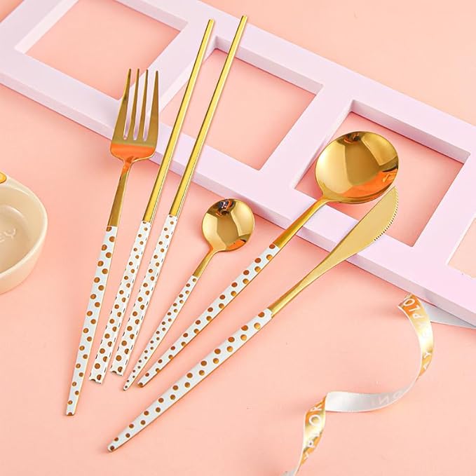 Stainless Steel Flatware serving set,Home Kitchen Eating Tableware Set,Dishwasher Safe,For Home Kitchen Restaurant Hote 4/16/24/32 Pieces Stainless Steel Tableware Creative Polka Dot Hotel Home Main M
