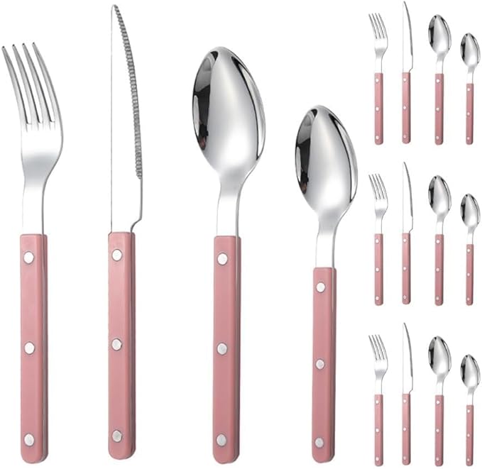 Rivet ABS Clamp Handle Kitchen Stainless Steel Silverware Tableware Flatware Cutlery Set Steak Knife Fork Spoon Teaspoon Western Tableware Butter Knife Set (Pink,16 pieces)
