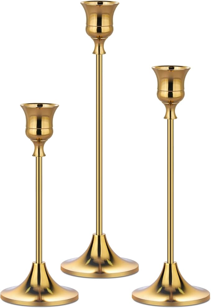 Metal Candle Holders for Candlesticks Taper Candlestick Holders Set Vintage Decorative Centerpiece Candelabra Tall Candle Stands (Gold, 1 Set (3 pcs))