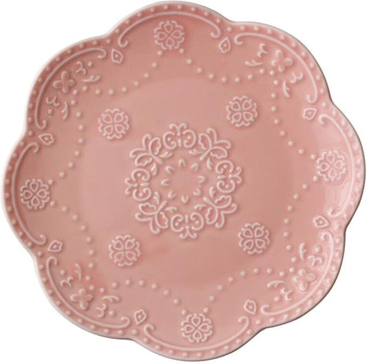 YBK Tech Elegant Round Embossed Lace Plate, Ceramic Serving Plate for Breakfast Afternoon Tea (Pink, 10-inch)