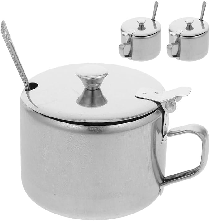 BESTonZON 3 Set Condiment Jars With Lid Spoon 3. 9" Metal Sugar Bowls Stainless Steel Pepper Container Salt Pot Seasoning Bottle For Kitchen Counter