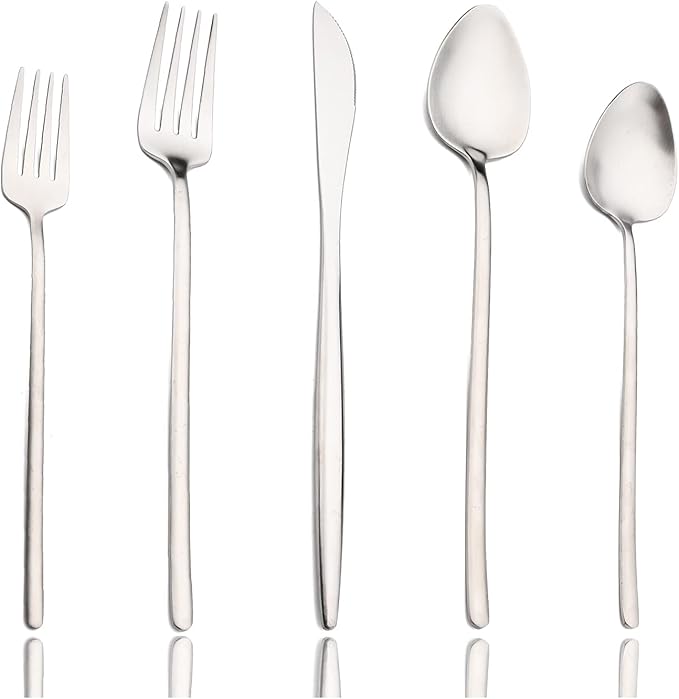 JASHII Modern Silverware Set - 20 Pieces Cutlery Set Matte Silver - Brushed 304 Stainless Steel Flatware Set - Narrow and Long Handle - for Home Dinner and Restaurant
