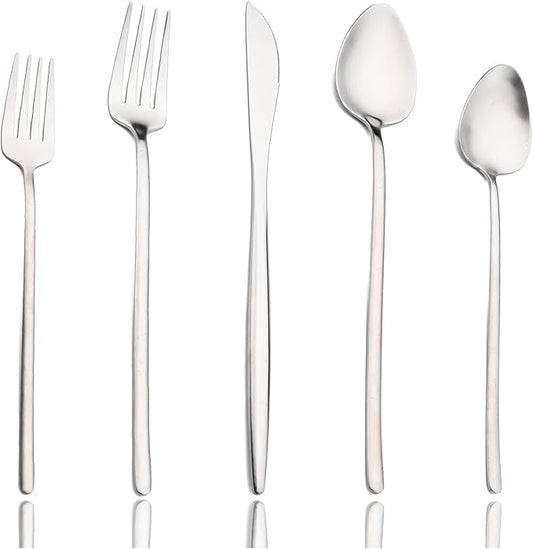 JASHII Modern Silverware Set - 20 Pieces Cutlery Set Matte Silver - Brushed 304 Stainless Steel Flatware Set - Narrow and Long Handle - for Home Dinner and Restaurant