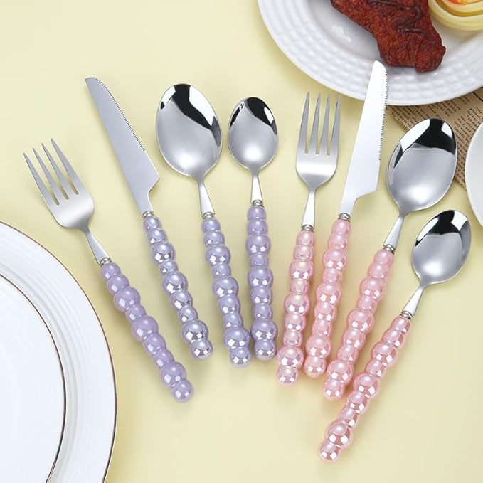 Silverware Flatware Cutlery Set, 4/16/24/32 Pieces 304 Stainless Steel Knives, Forks And Spoons, Creative Pearl Ceramic Handle Tableware, Steak Knives, Forks, Dessert Spoons(Purple,4Set-16Pc