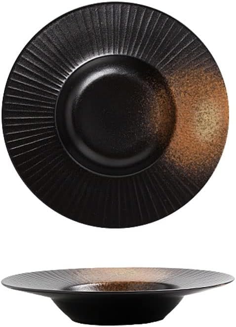Modern Large Dinner Plates Fruit Snack Bowl 10-inch Steak Ramen Plate Ceramic Serving Plate Suitable for Home Kitchen Restaurant Black Stackable Dinner Plates(B)