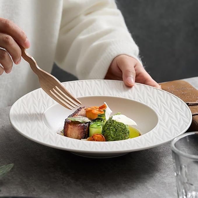 Dinner Plates 9.75-inch White And Black Straw Hat Plate Appetizer Household Deep Soup Ceramic Western Salad Pasta Japanese Kitchen Salad Bowl(B)