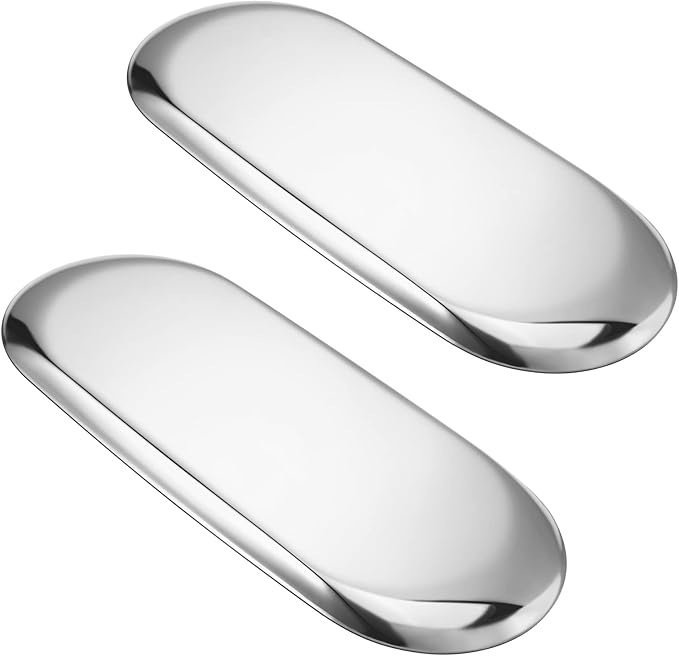 Set of 2 Silver Oval Stainless Steel Tray – Mini Coffee Table Tray for Jewelry, Cosmetics & Candles.